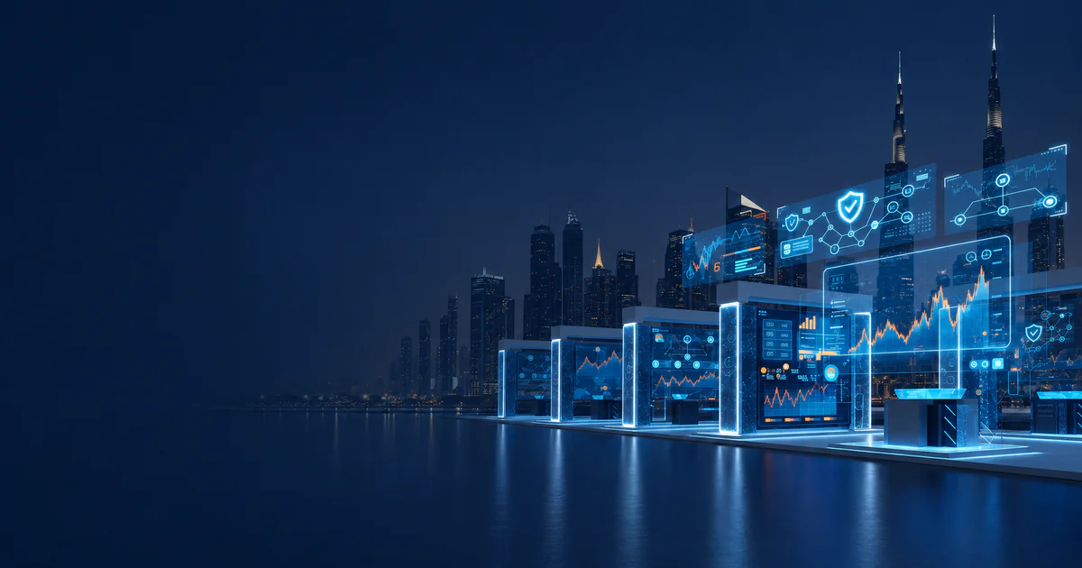Digital trading exhibition concept against the Dubai skyline